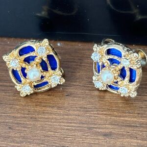 Royal blue screw back earrings/ royal blue color/ square shape/ gold tone